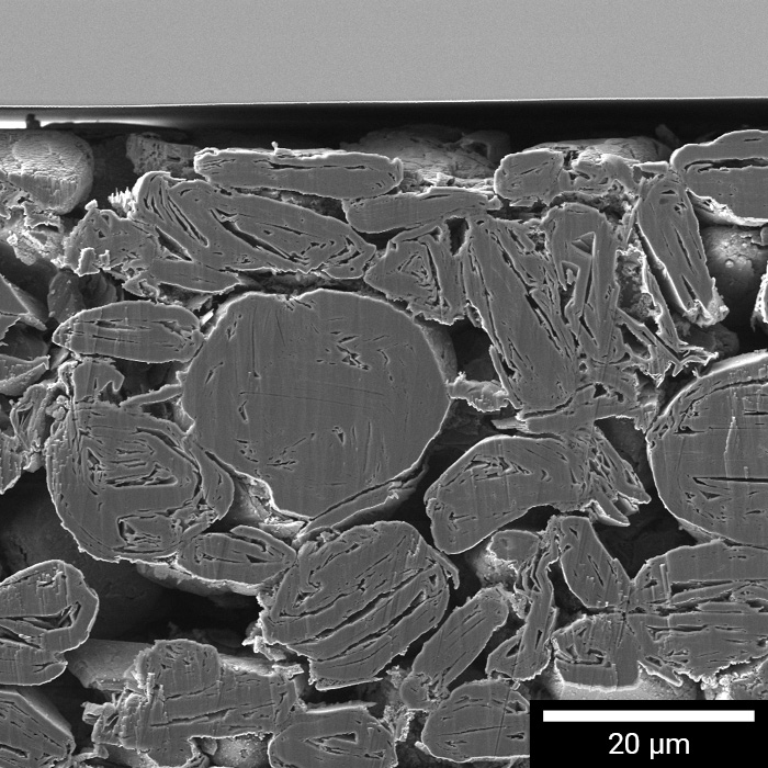 Querschnitt einer mit FIB hergestellten Graphitanode