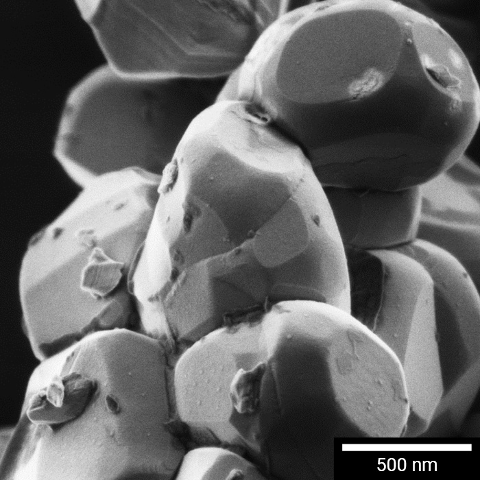 SEM-Detail von LiCoO2-Partikeln für Batteriekathoden