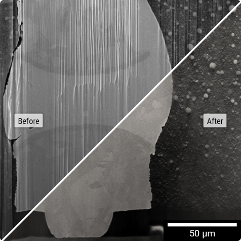 Oberflächenqualität vor und nach dem Einsatz der TESCAN Rocking Stage. Das Endergebnis zeigt keine verdeckenden Artefakte.